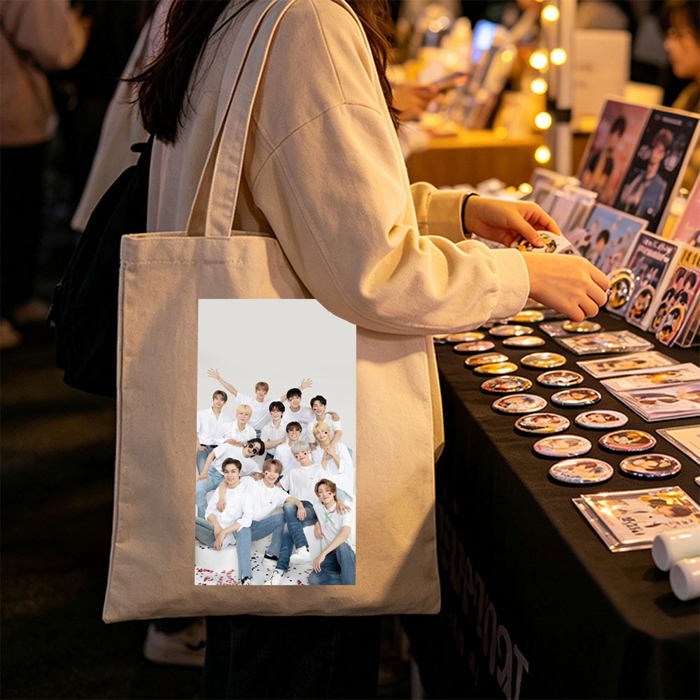 SEVENTEEN Group Photo in White Outfits with Playful Poses and Red Heart Details - Canvas tote bags