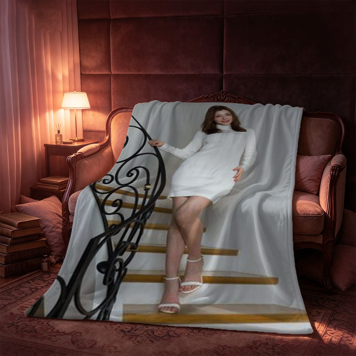 Emma Watson in a blue satin babydoll dress sitting on a red leather couch. - Blanket