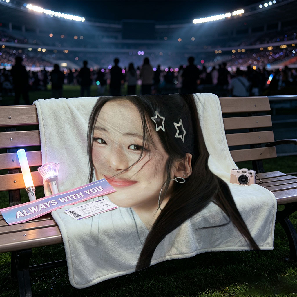 Korean Actress in White Outfit with Star Hair Clips Smiling Softly Against Light Blue Background - Blankets