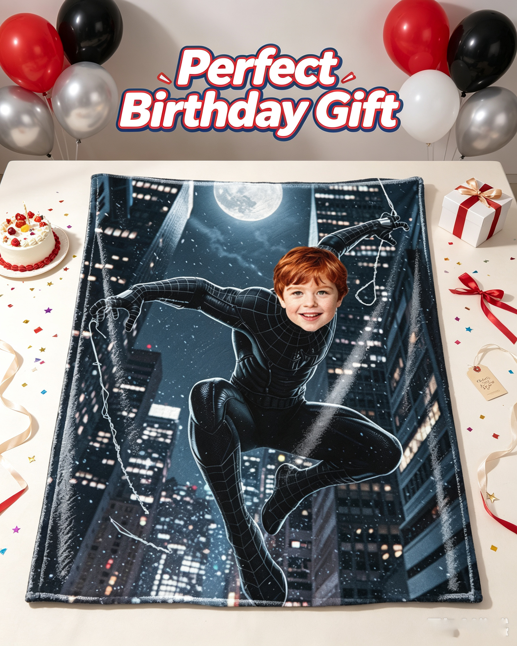 Custom Photo Black‑Suit Spider‑Man Fleece Blanket, Personalized Superhero Throw Blanket, Upload Kid Photo, Boys Unique Birthday Gift, Night City Hero Themed Bed Sofa Blanket