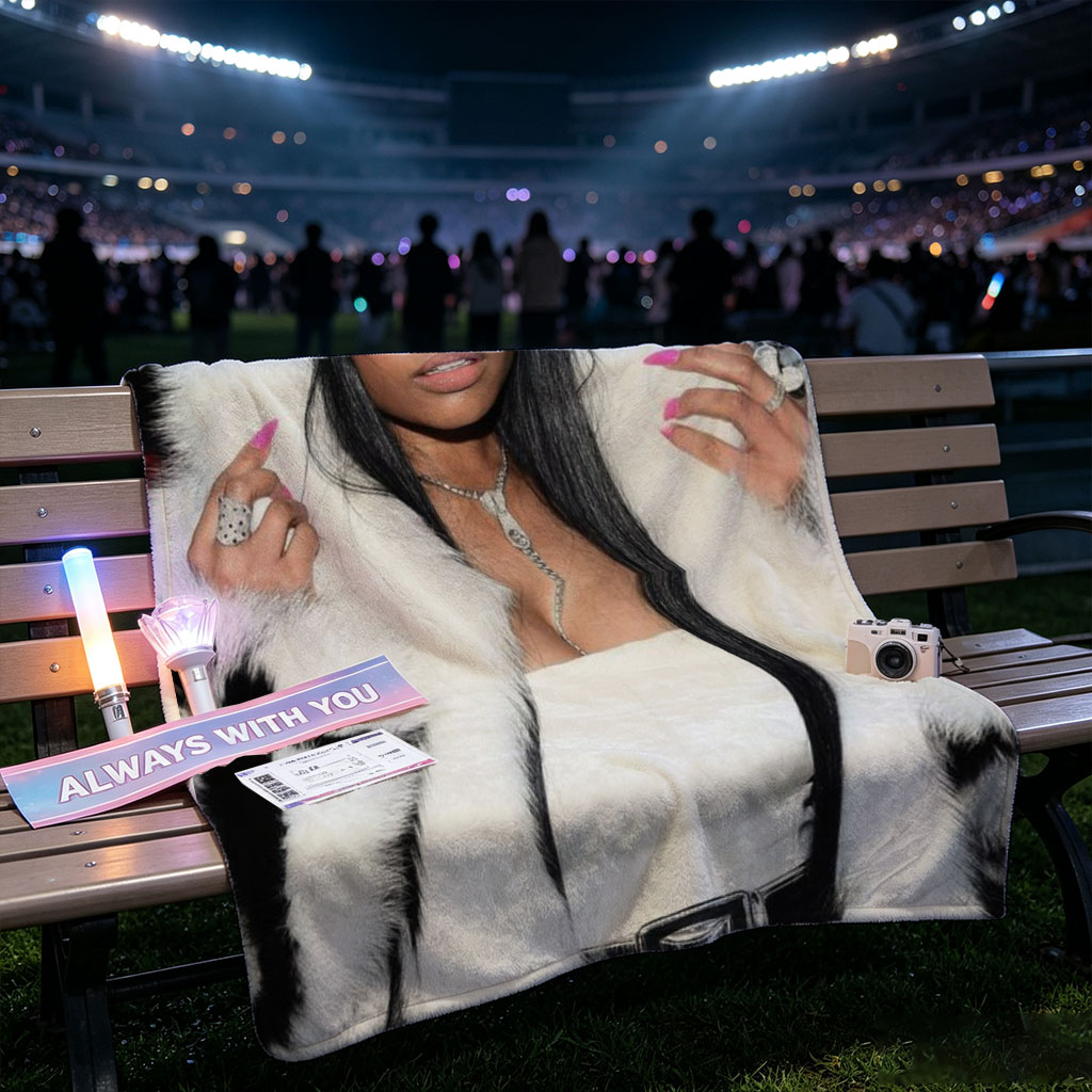 Nicki Minaj at Event Wearing White Fur Coat and Bold Pink Nails - Blankets