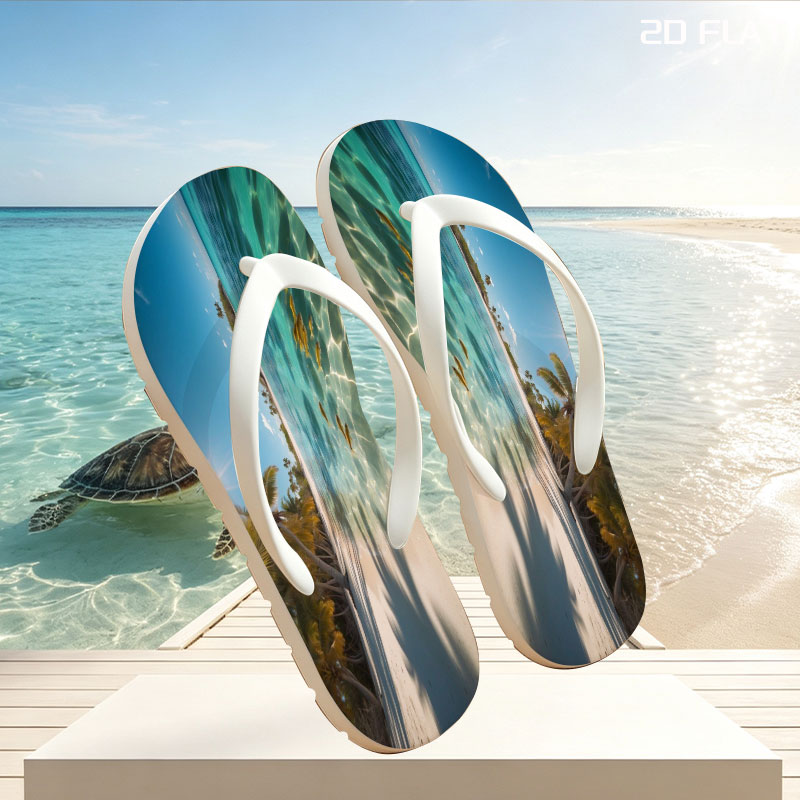 Tropical Beach with Palm Trees and Clear Water -  flip-flops