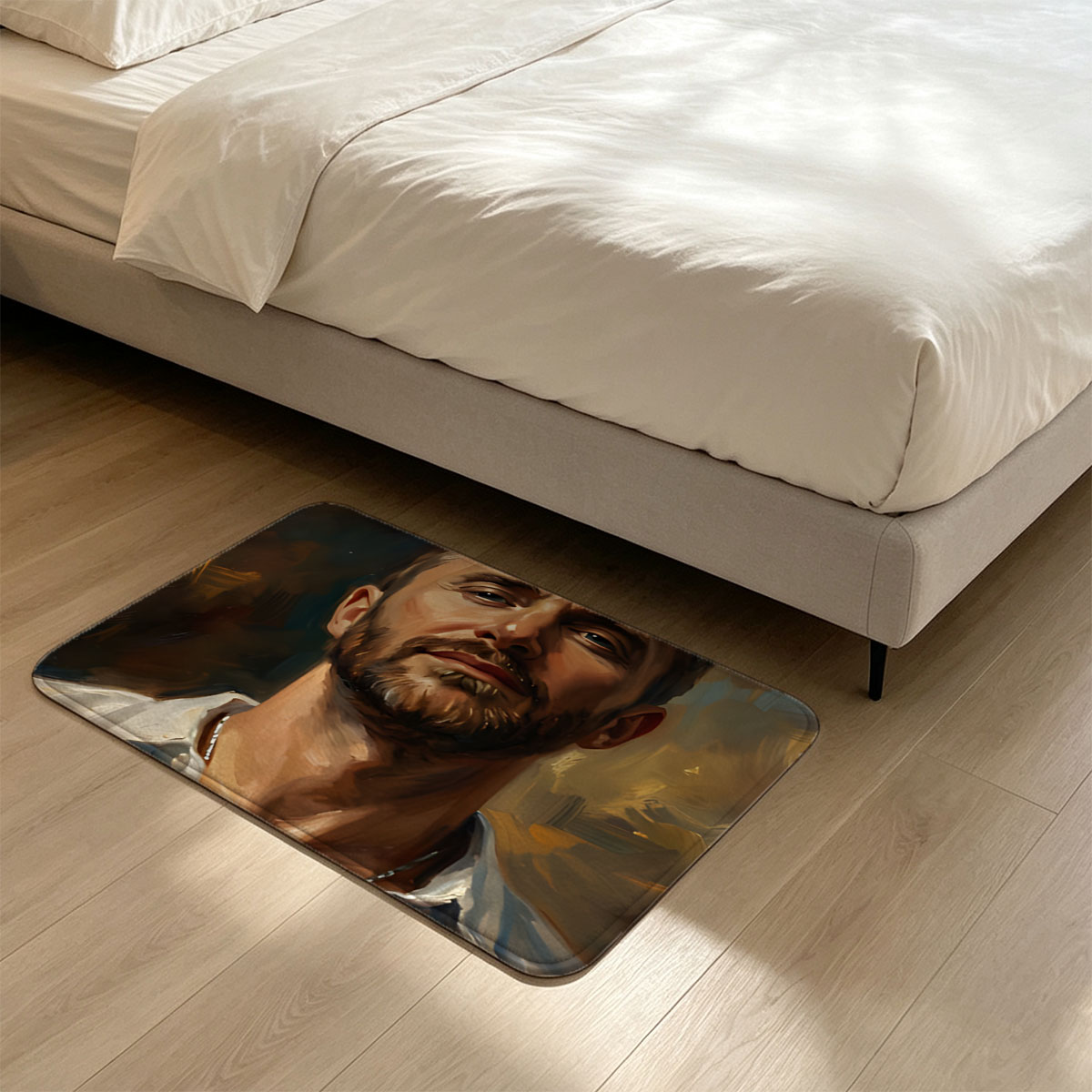 Portrait of a Man with Bearded Face and White Shirt - Flannel floor mat