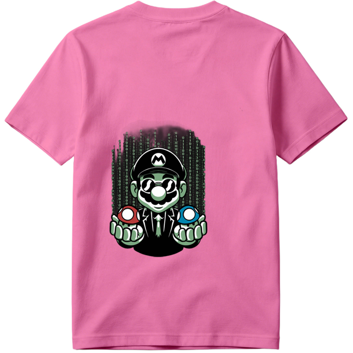 Mario in Matrix Code with Red and Blue Mushrooms - Tee