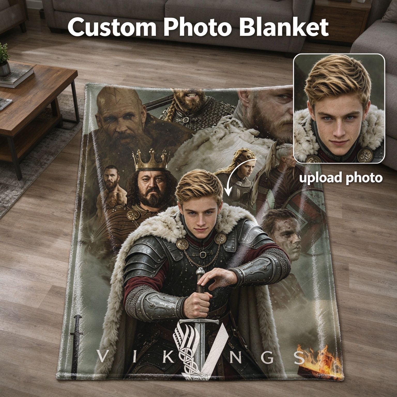 Custom Photo Face Flannel Blanket Personalized Medieval Warrior Portrait Fleece Throw Skin Friendly Anti Pilling Cozy
