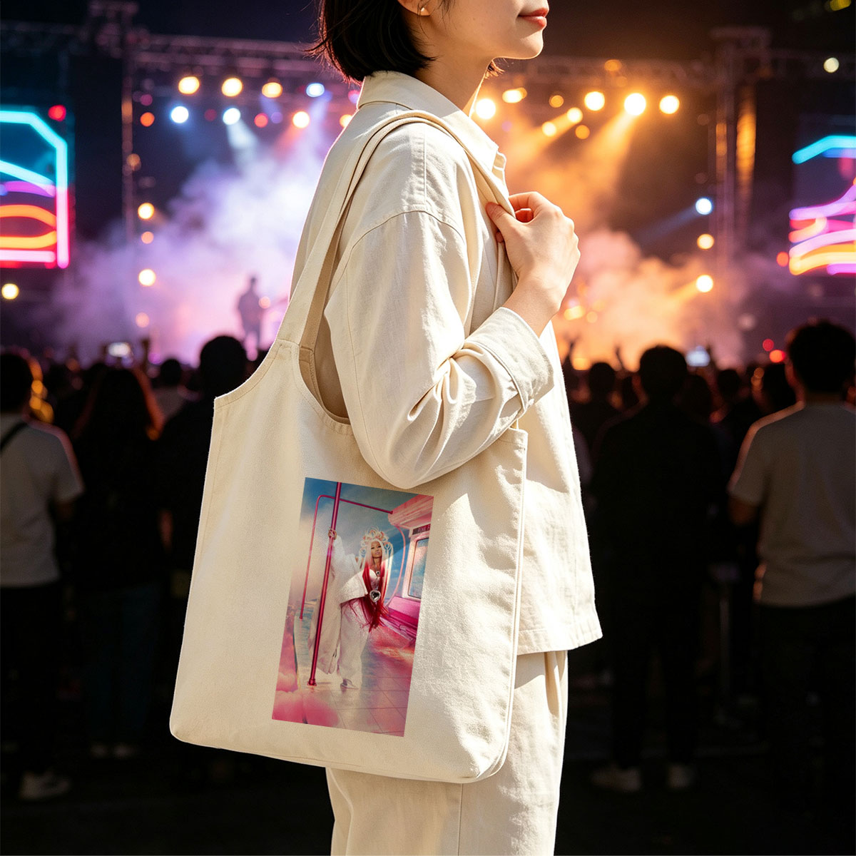 Nicki Minaj in a Pink Fantasy Scene with Futuristic Bus and Clouds - Canvas shoulder bags/