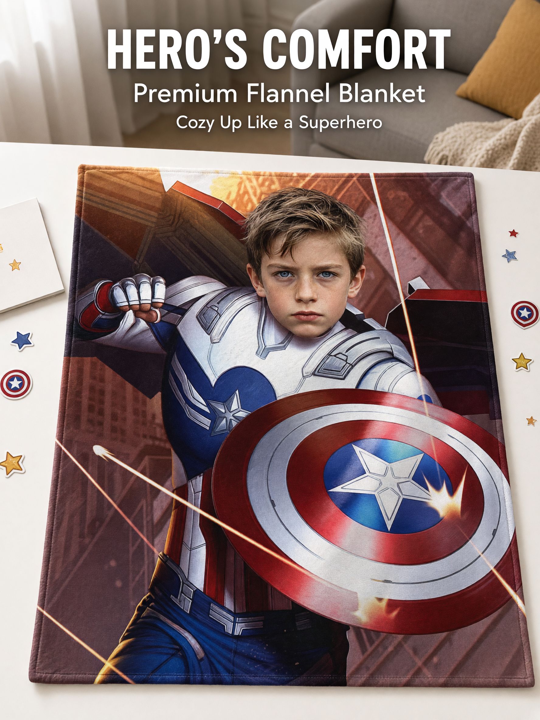 Personalized Superhero Photo Blanket Custom Face Flannel Throw Skin Friendly Warm Cozy Fleece Bedding Gift for Kids
