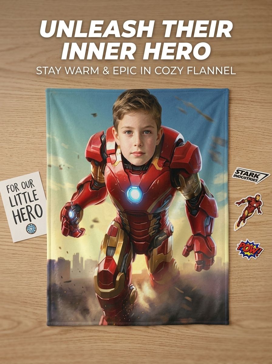 Custom Photo Superhero Flannel Fleece Blanket Personalized Face Throw for Kids Couch Bed