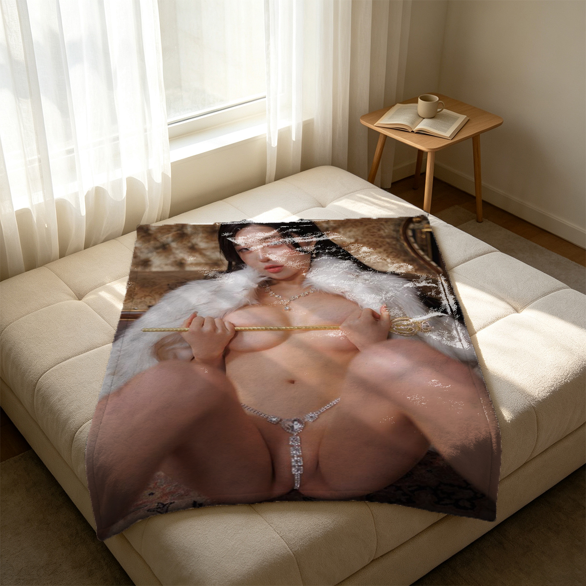 Nude Asian woman in beige lace panties covering her breast with hand - Blanket