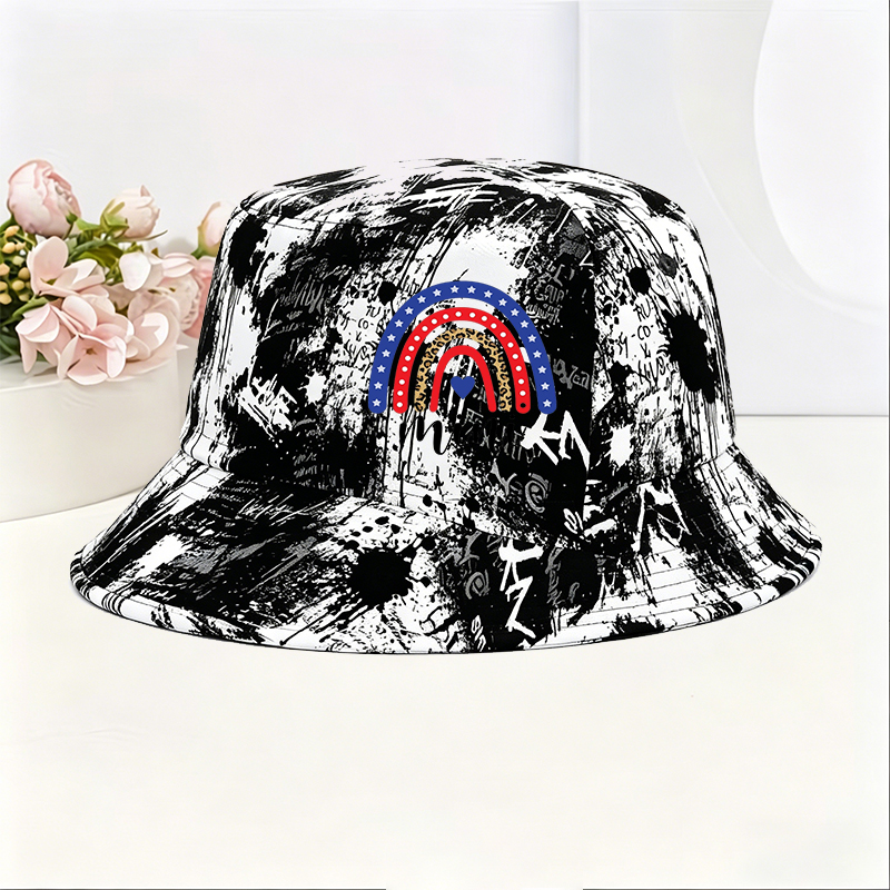 Unisex Classic Graffiti Bucket Hat with Rainbow Leopard Print and Stars Design | Casual Outdoor Sun Protection Hat for Men Women | Perfect for Beach Travel Festival Wear