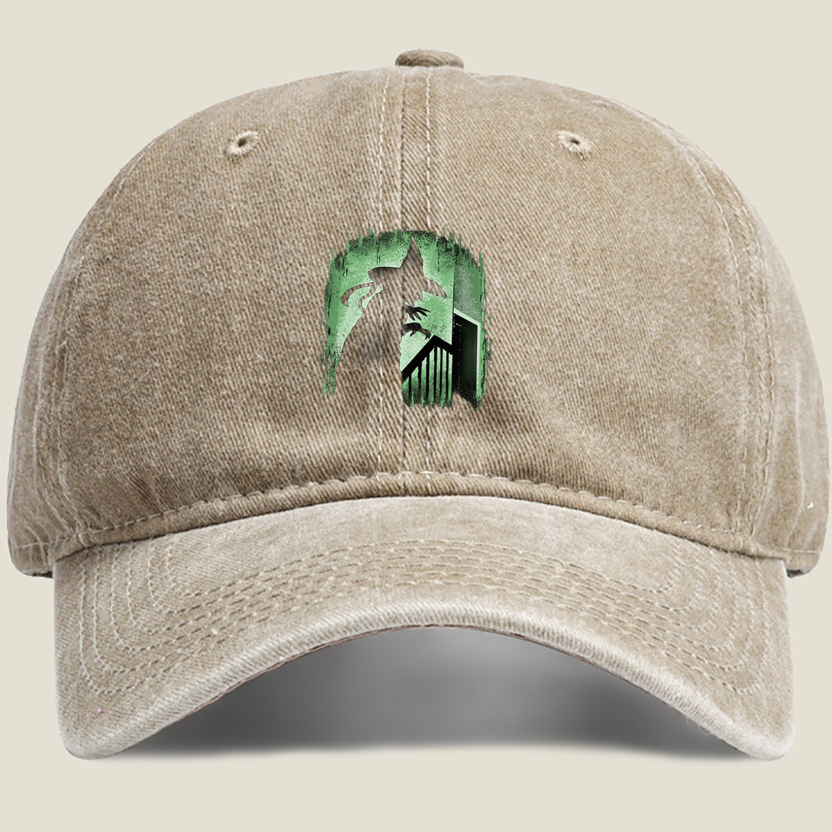 Witch Silhouette in Green Glow - Washed Denim - Baseball Cap
