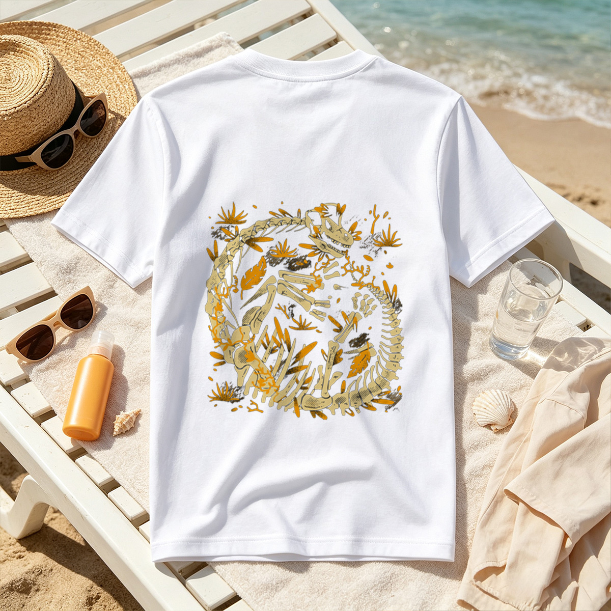 Dinosaur Skeleton in Circular Pose with Foliage - Tee