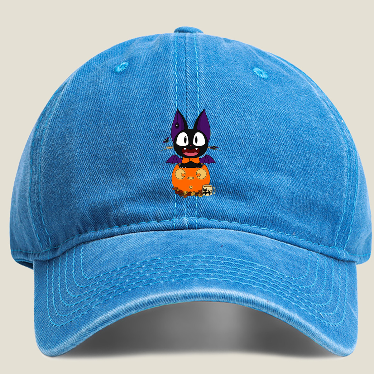 Halloween Cat with Pumpkin and Bat Wings - Washed Denim - Baseball Cap
