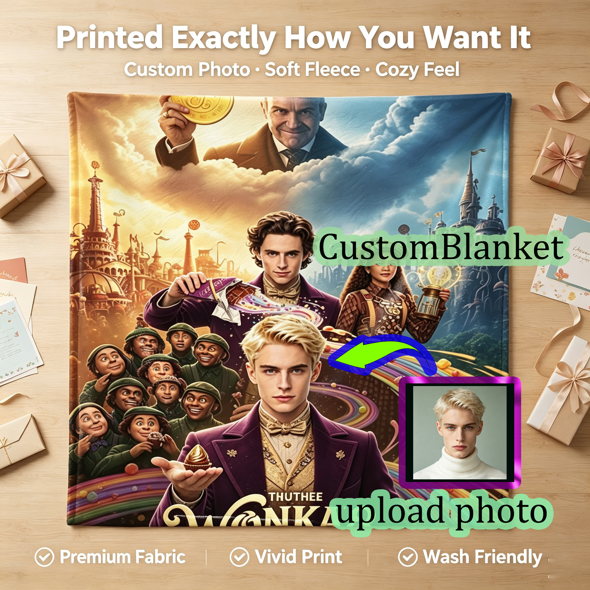 Custom Face Blanket Wonka 2 The Chocolate Empire Flannel Blanket Movie Themed Gift for Fans and Collectors