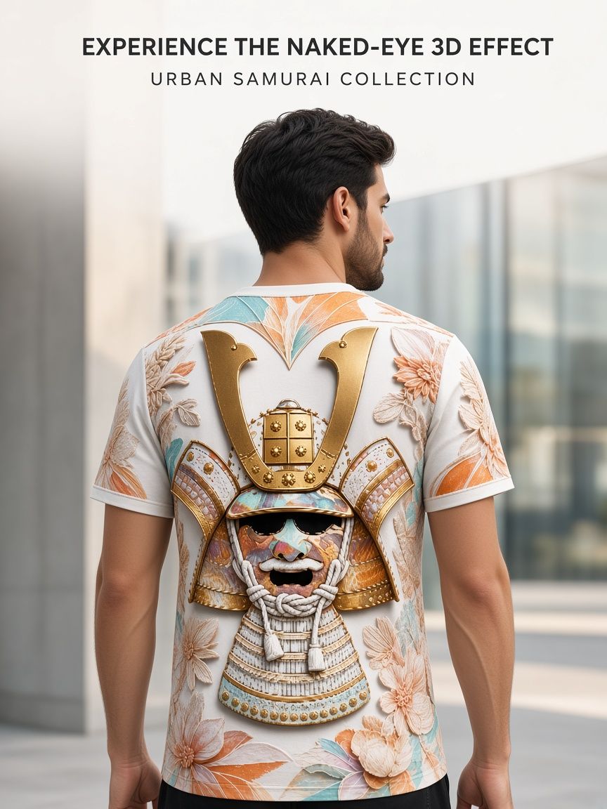 Golden Samurai Armor 3D Optical Illusion Graphic Tee Breathable Athletic Mesh T-Shirt for Casual and Sports Wear