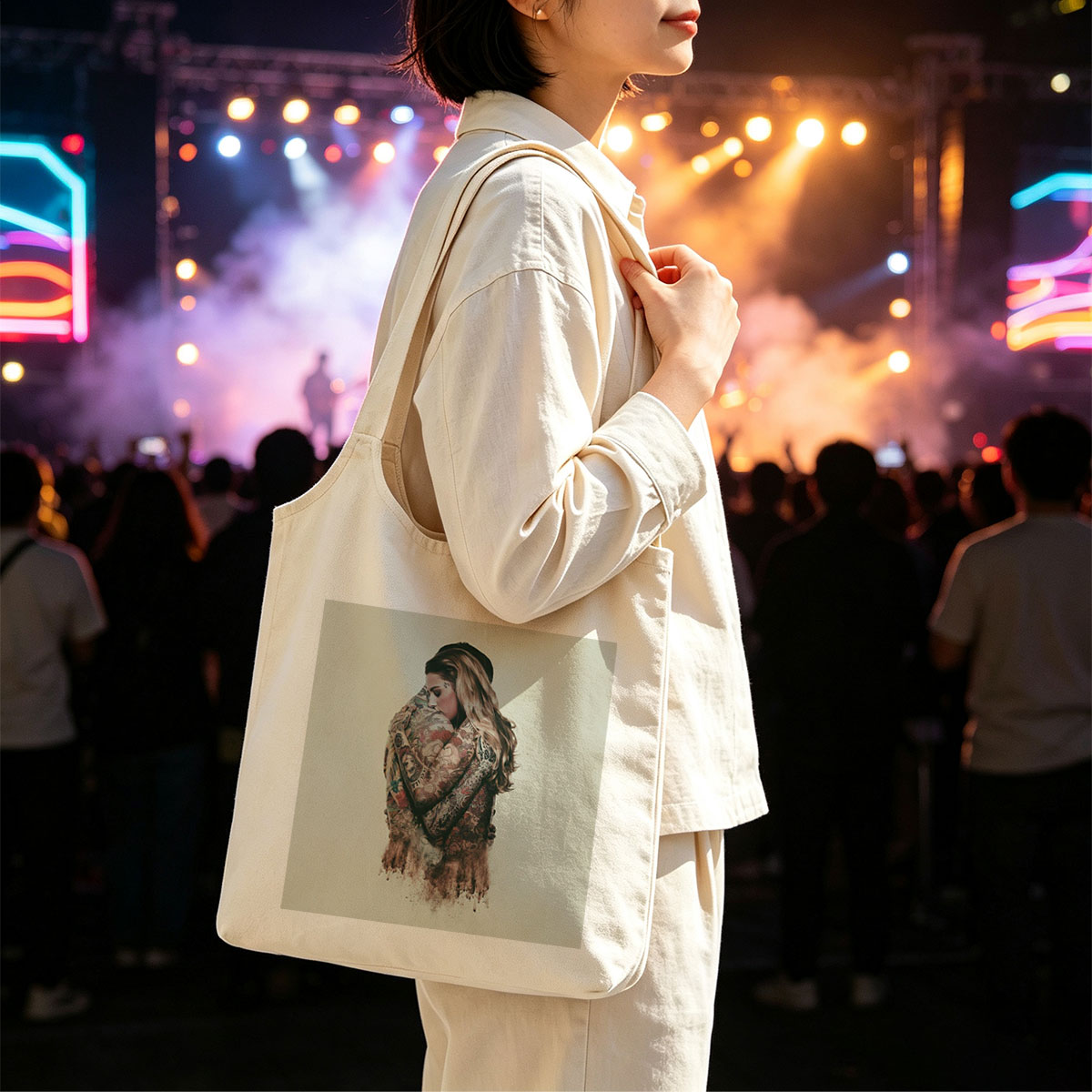 Madonna Hugging Herself in a Tattooed Embrace Artistic Portrait - Canvas shoulder bags/