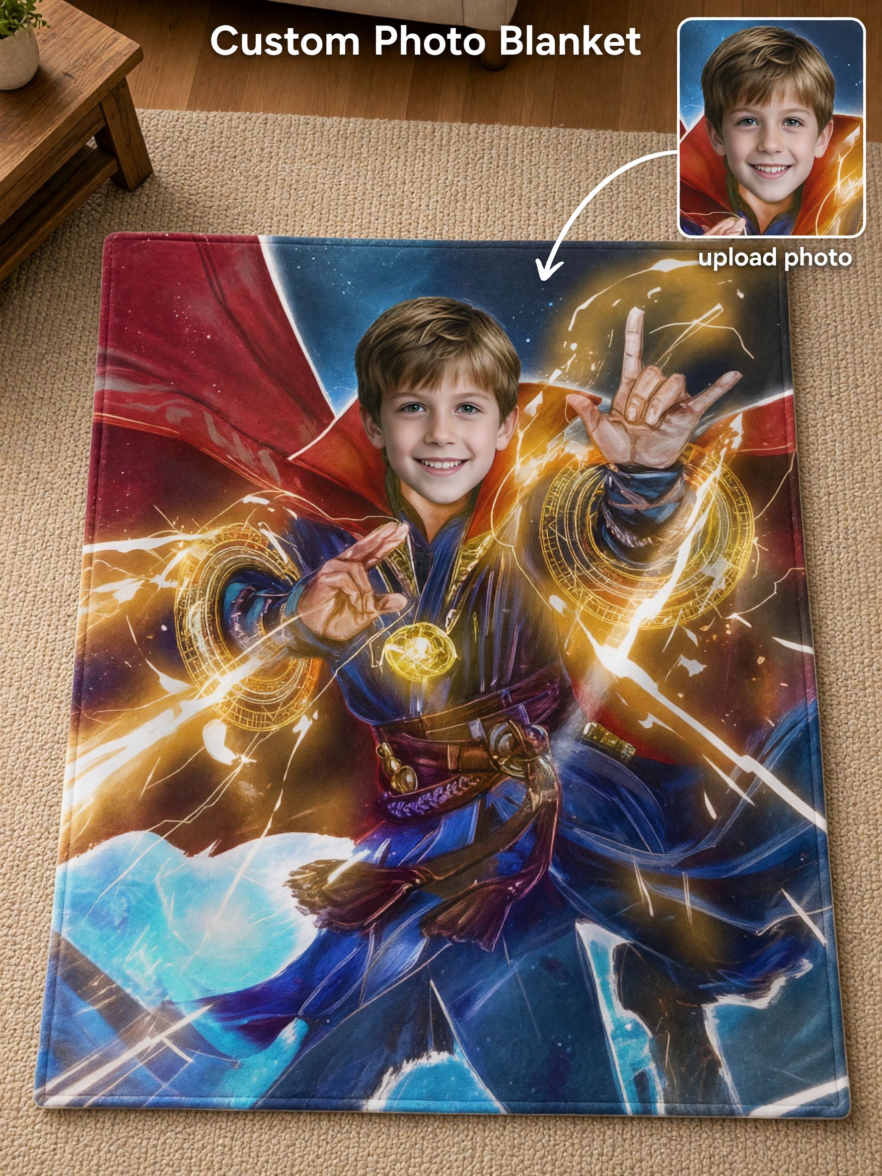 Custom Face Photo Superhero Fleece Blanket, Personalized Sorcerer Flannel Throw, Cozy Gift for Kids and Adults