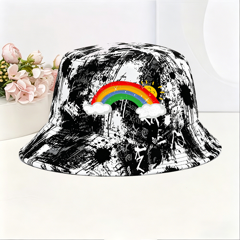 Unisex Classic Graffiti Bucket Hat with Rainbow Sun and Cloud Print | Stylish Outdoor Hat for Casual Wear, Beach, Travel, and Daily Use | Perfect for Youth, Students, and Fashion Lovers Seeking Vibrant Accessories