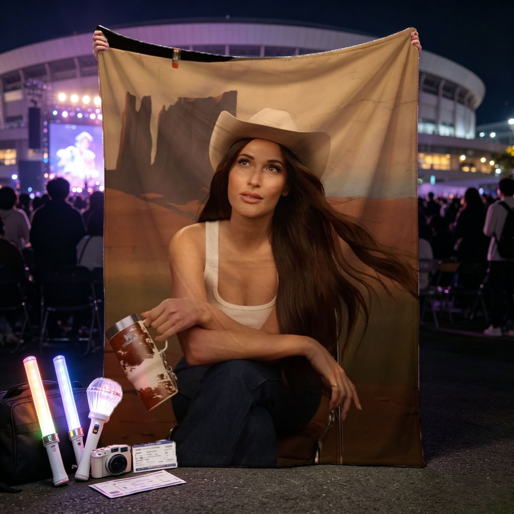 Jennifer Lopez in Cowboy Hat Holding a Mug Against Desert Backdrop - Blankets