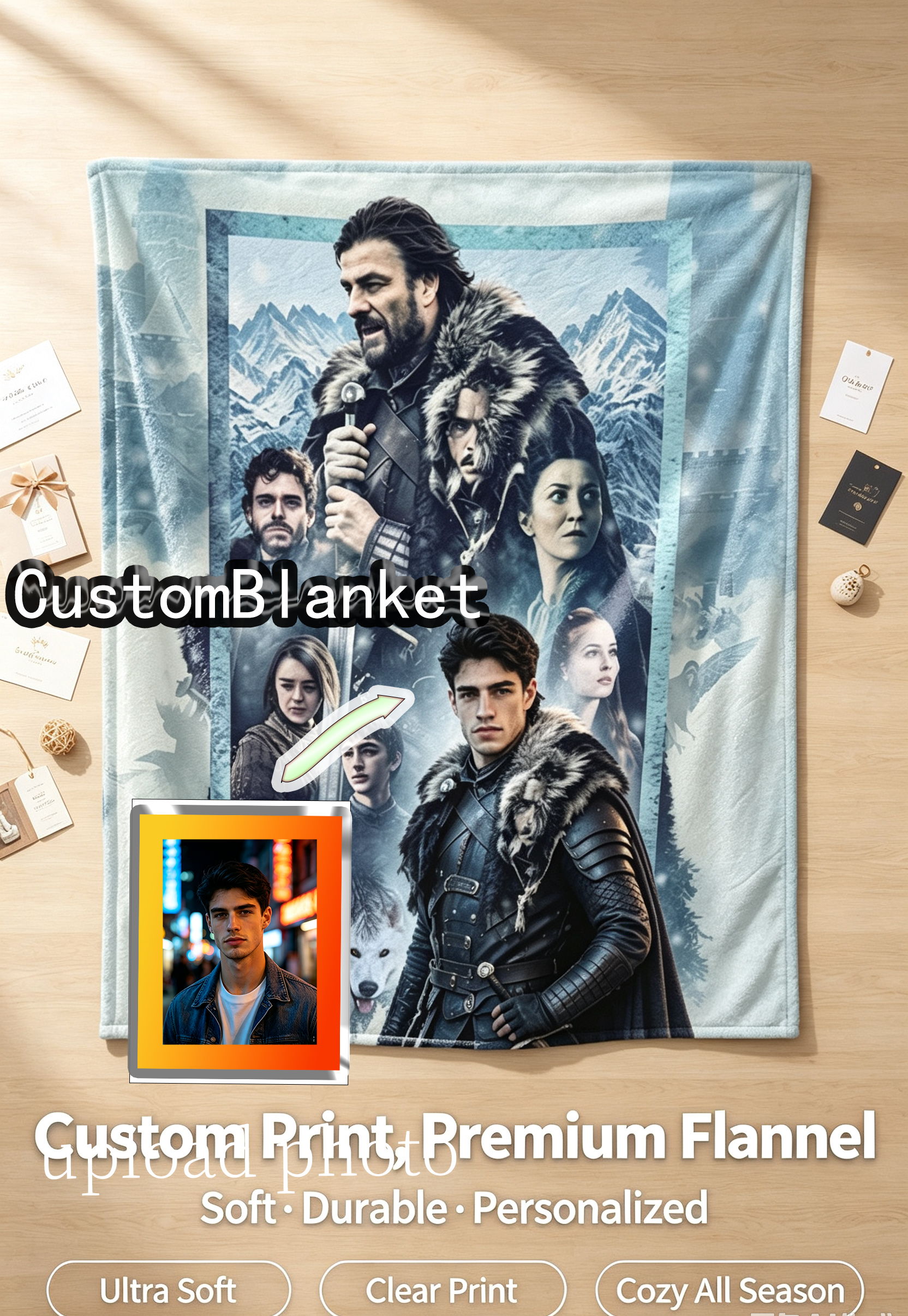 Custom Face Blanket House of Stark Flannel Blanket Winter is Coming Theme Gift for Fans and Collectors