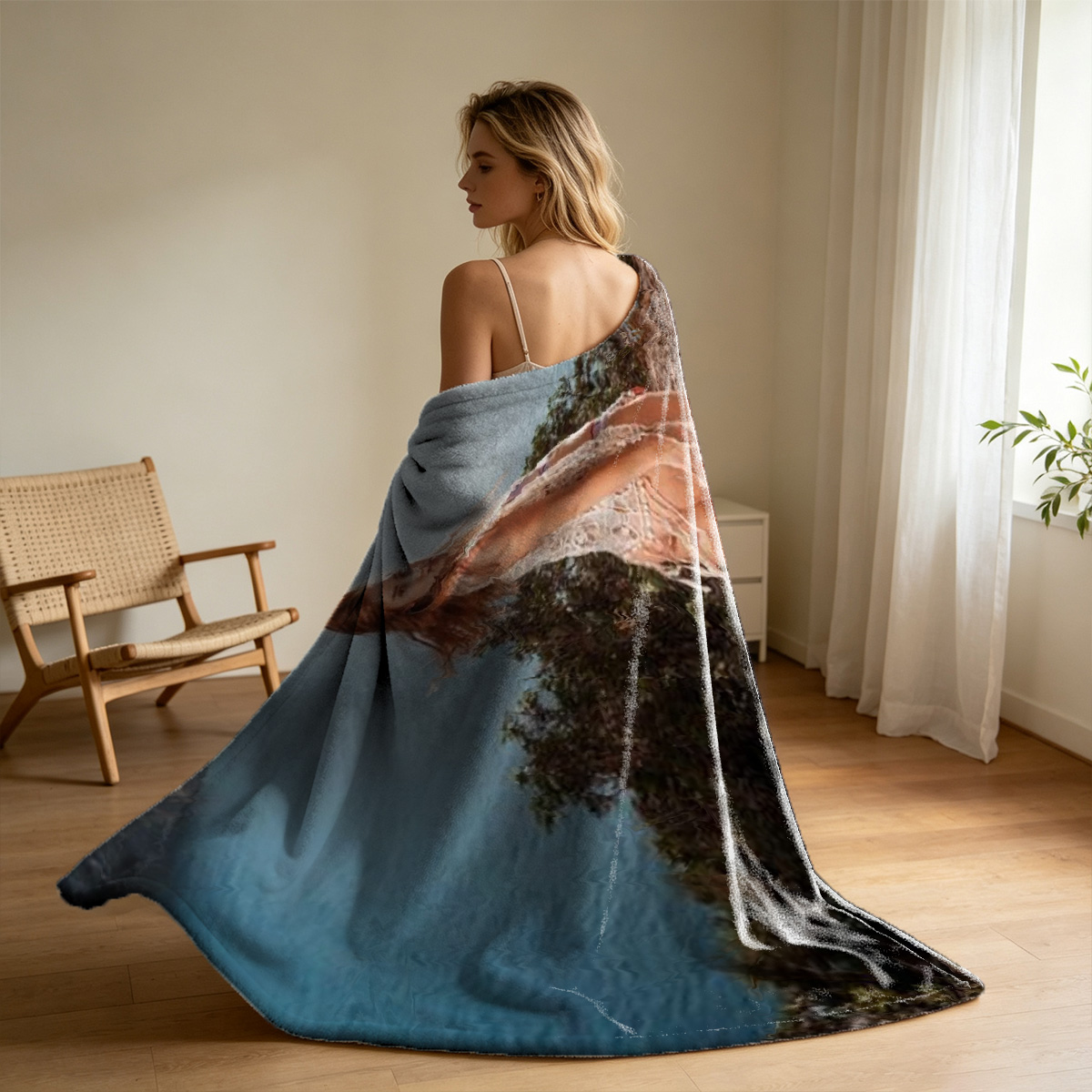 Eva Elfie in Blue Lace Lingerie on Blue Couch - Blanket