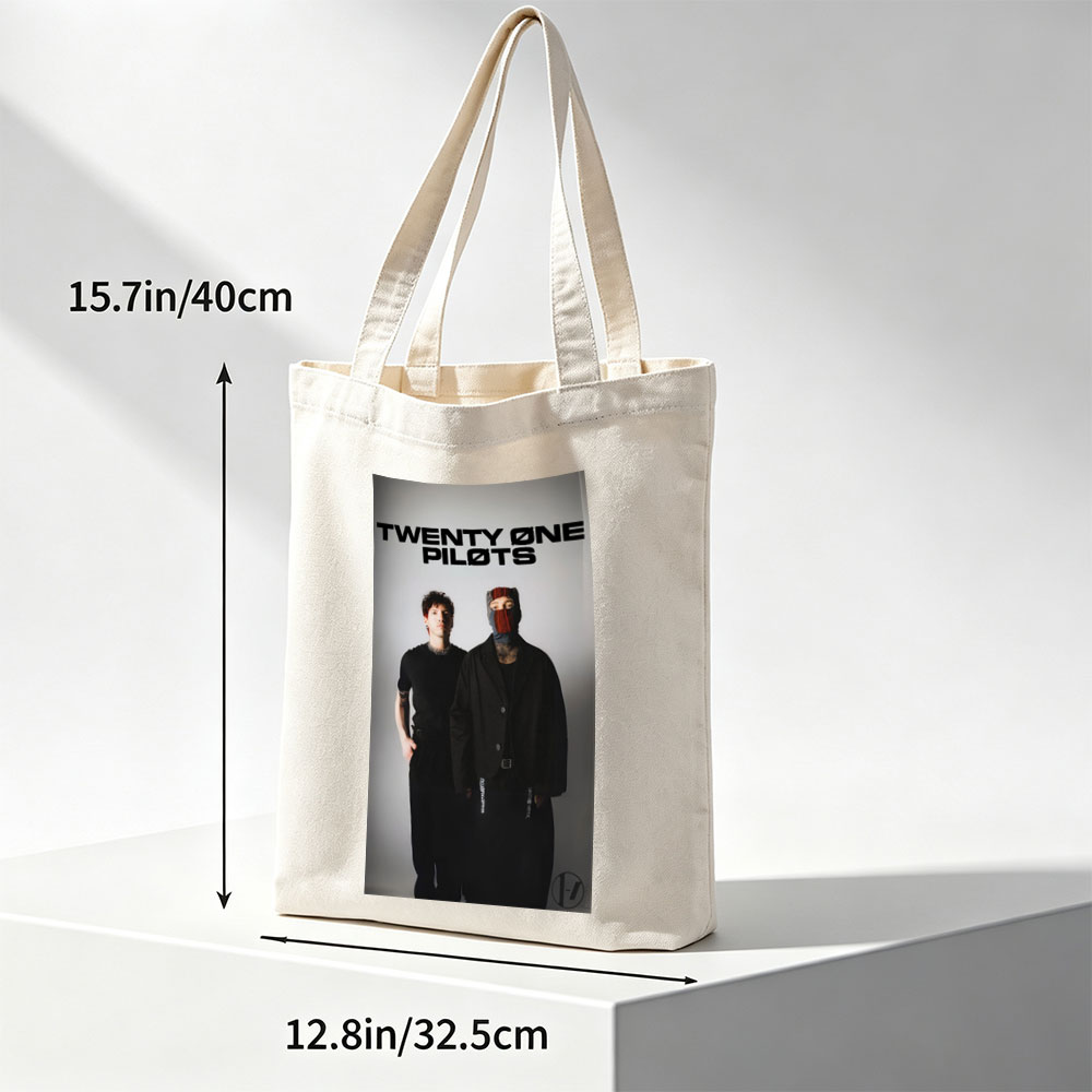 Twenty One Pilots Standing in Black Outfits with One Member Wearing a Mask and the Band Name Displayed Above Them - Canvas tote bags