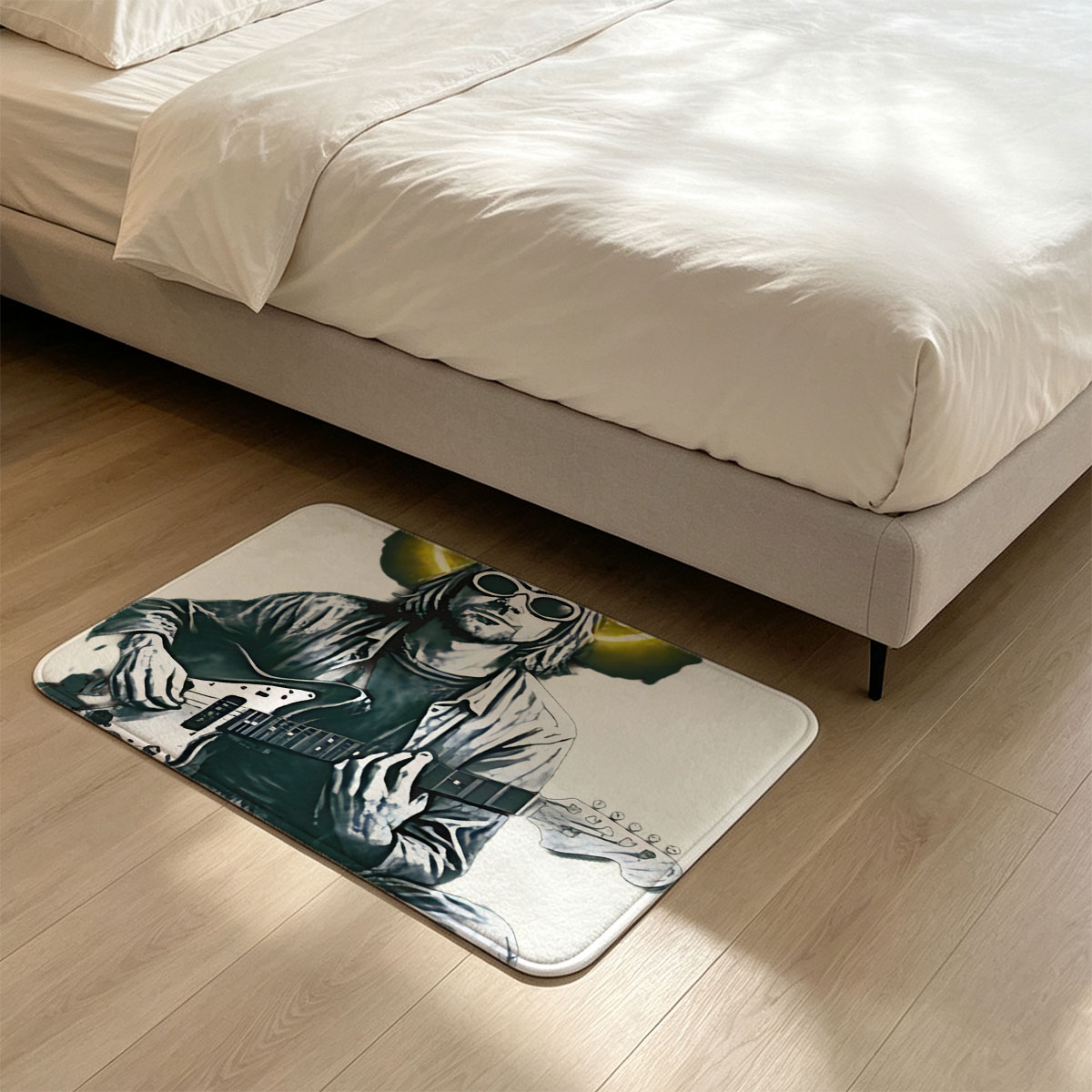 Kurt Cobain Playing Guitar with Neon Smile Halo - Flannel floor mat