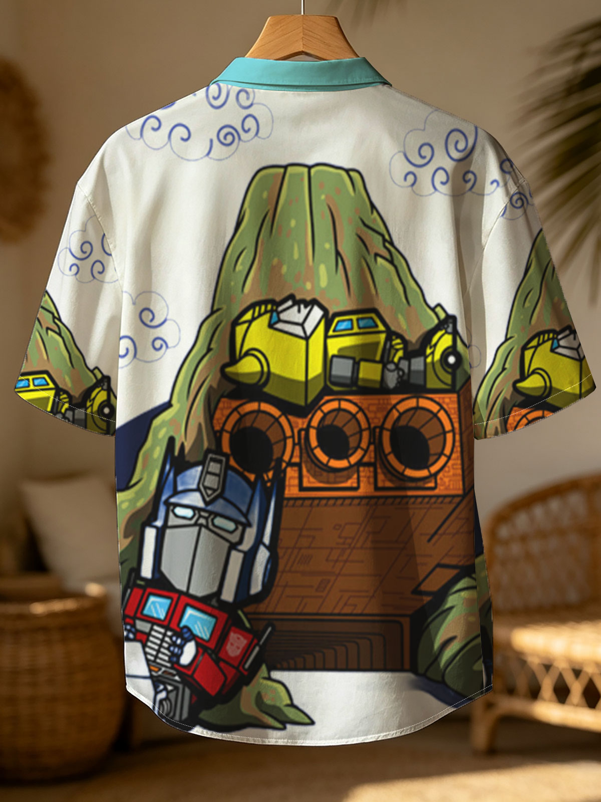 Optimus Prime and Bumblebee atop a mountain with a spaceship, cartoon style -  Shirt