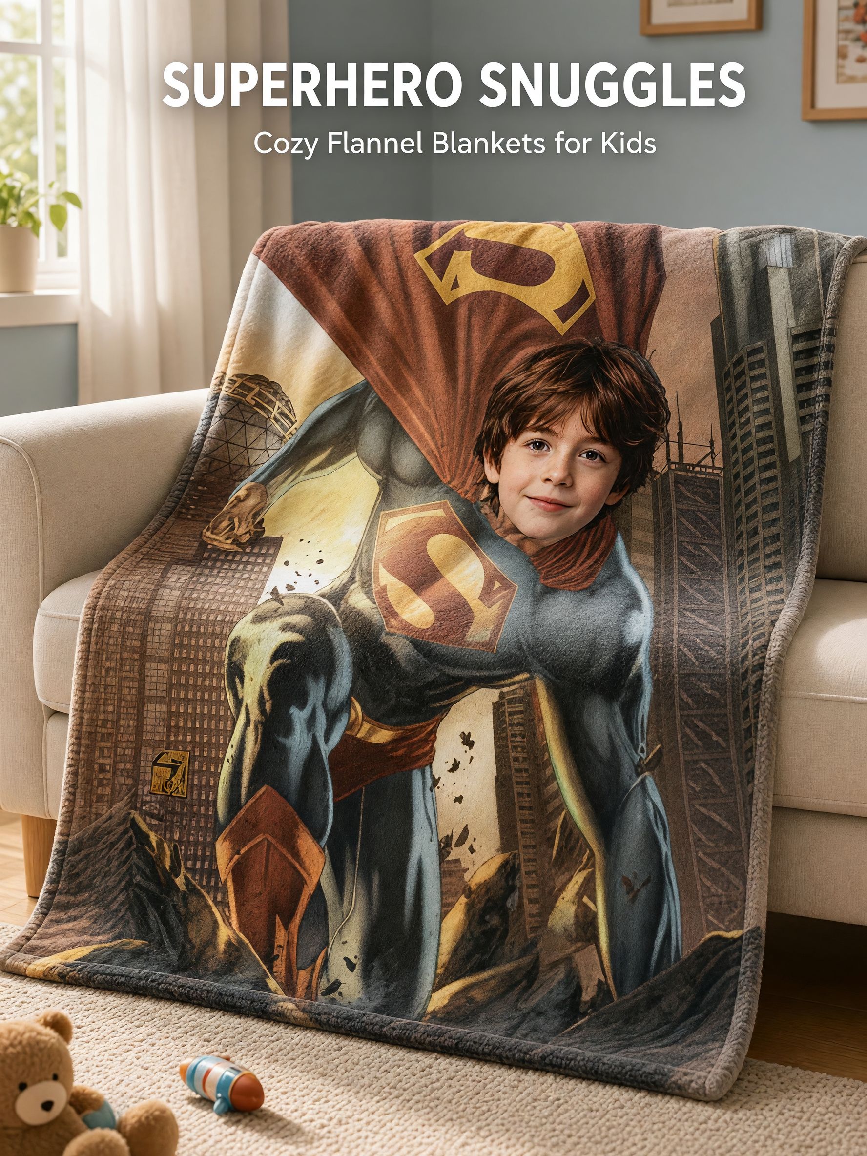 Custom Face Superhero Flannel Blanket, Personalized Photo Throw for Kids and Comic Fans, Cozy Keepsake Gift