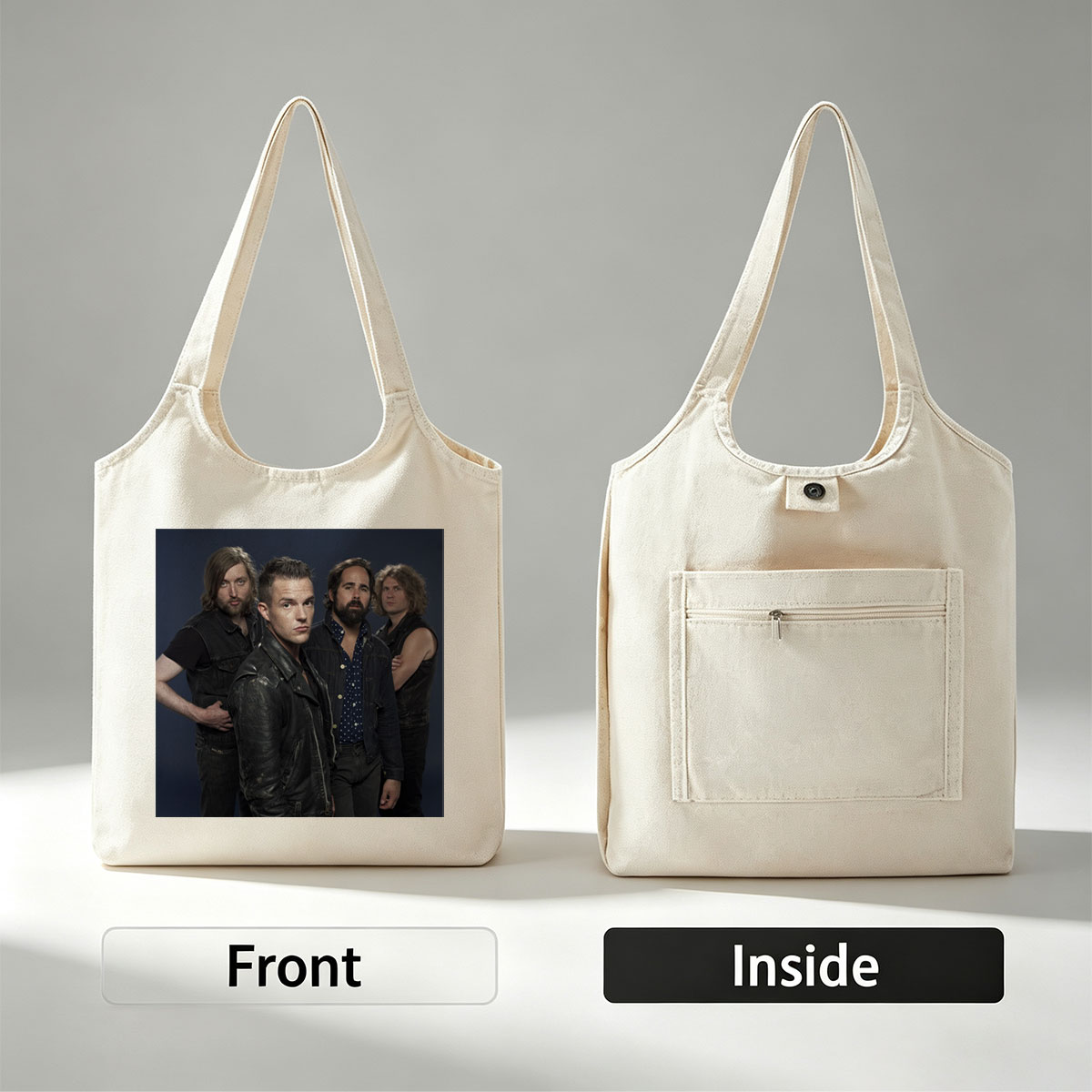 Imagine Dragons Band Members in Stylish Outfits Against Dark Background - Canvas shoulder bags/