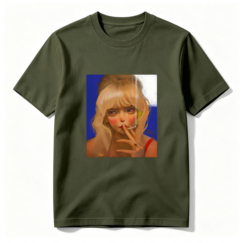 Blonde Woman Smoking Cigarette with Red Earrings and Ring - Tee