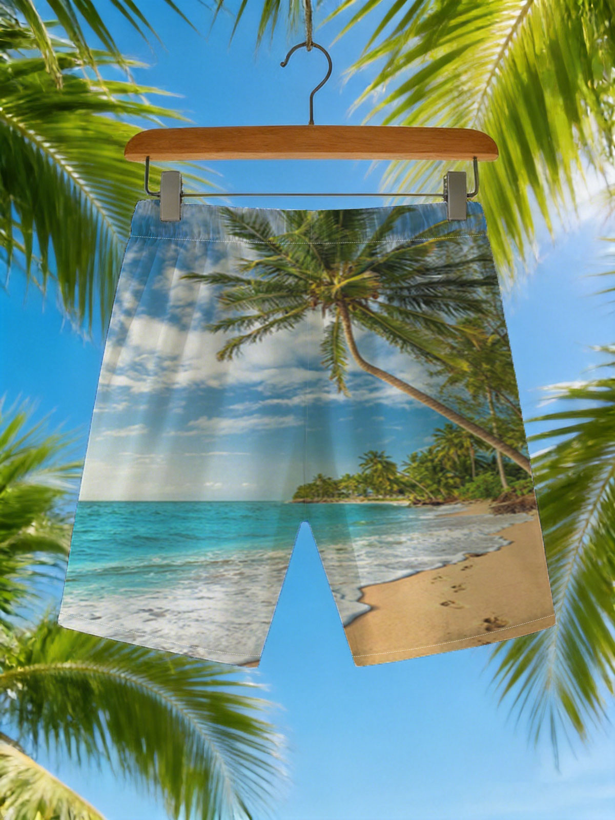 Tropical Beach with Palm Trees and Crystal Clear Water -  Beach shorts