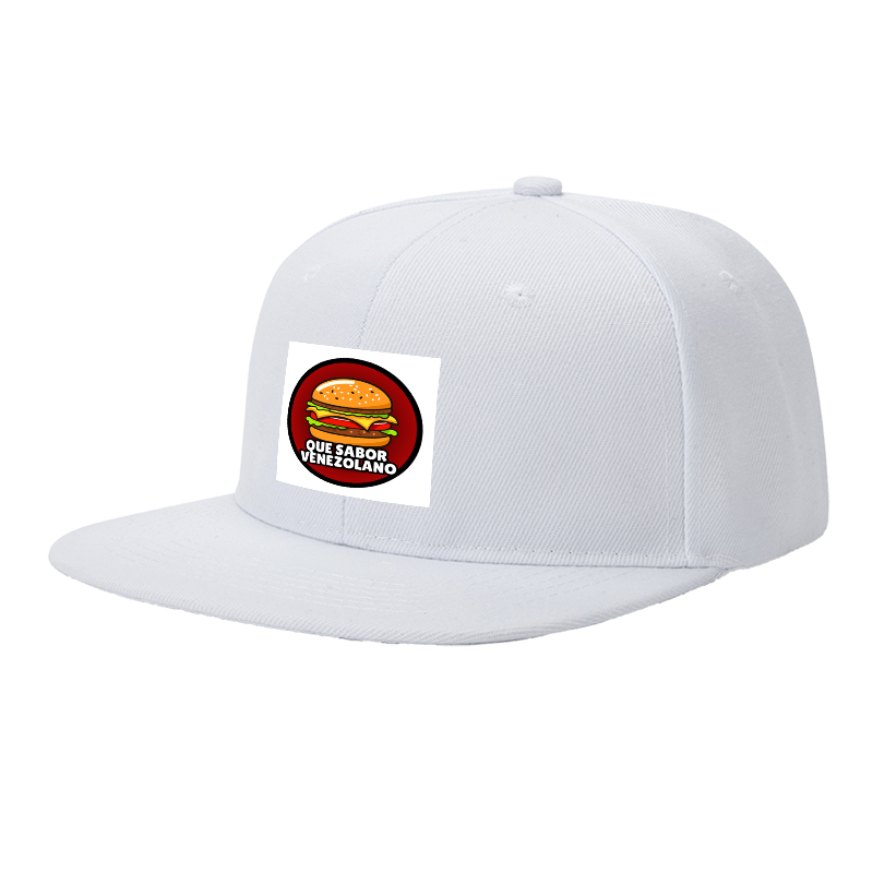 Flat Brim Baseball Cap Que Sabor Venezolano Burger Print Streetwear Underground Skate Style for Basketball Court Skate Park Urban Lifestyle Skaters Rappers Streetwear Enthusiasts