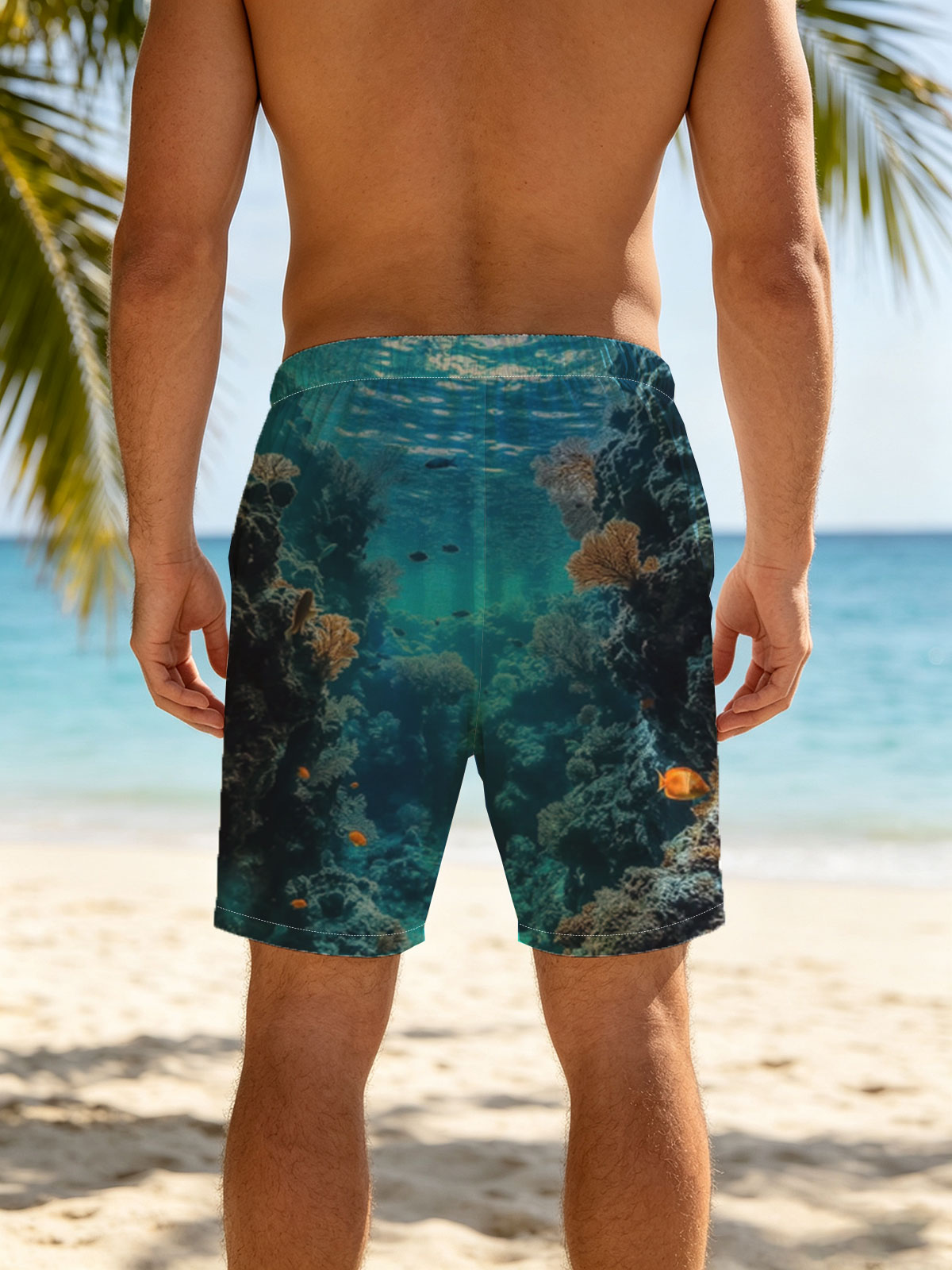 Underwater Coral Cave with Sunlight and Fish -  Beach shorts