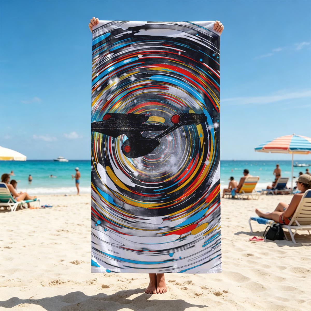 Star Trek Enterprise in Warp Speed Through Cosmic Vortex - Beach towels
