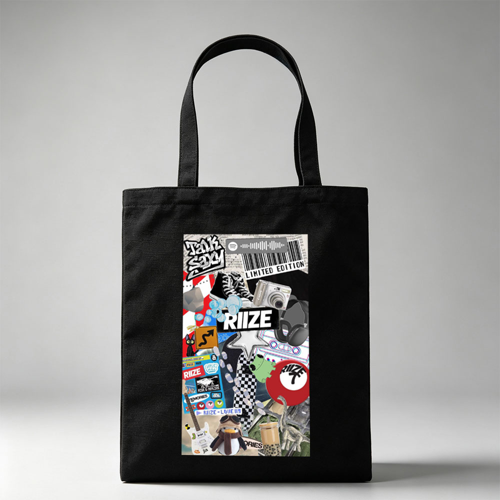 RIIZE Music Collage Featuring Band Merch, Camera, Sneakers, and Pop Culture Elements - Canvas tote bags