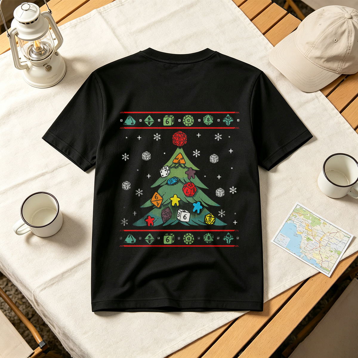 D&D Christmas Tree with Polyhedral Dice Decorations - Tee