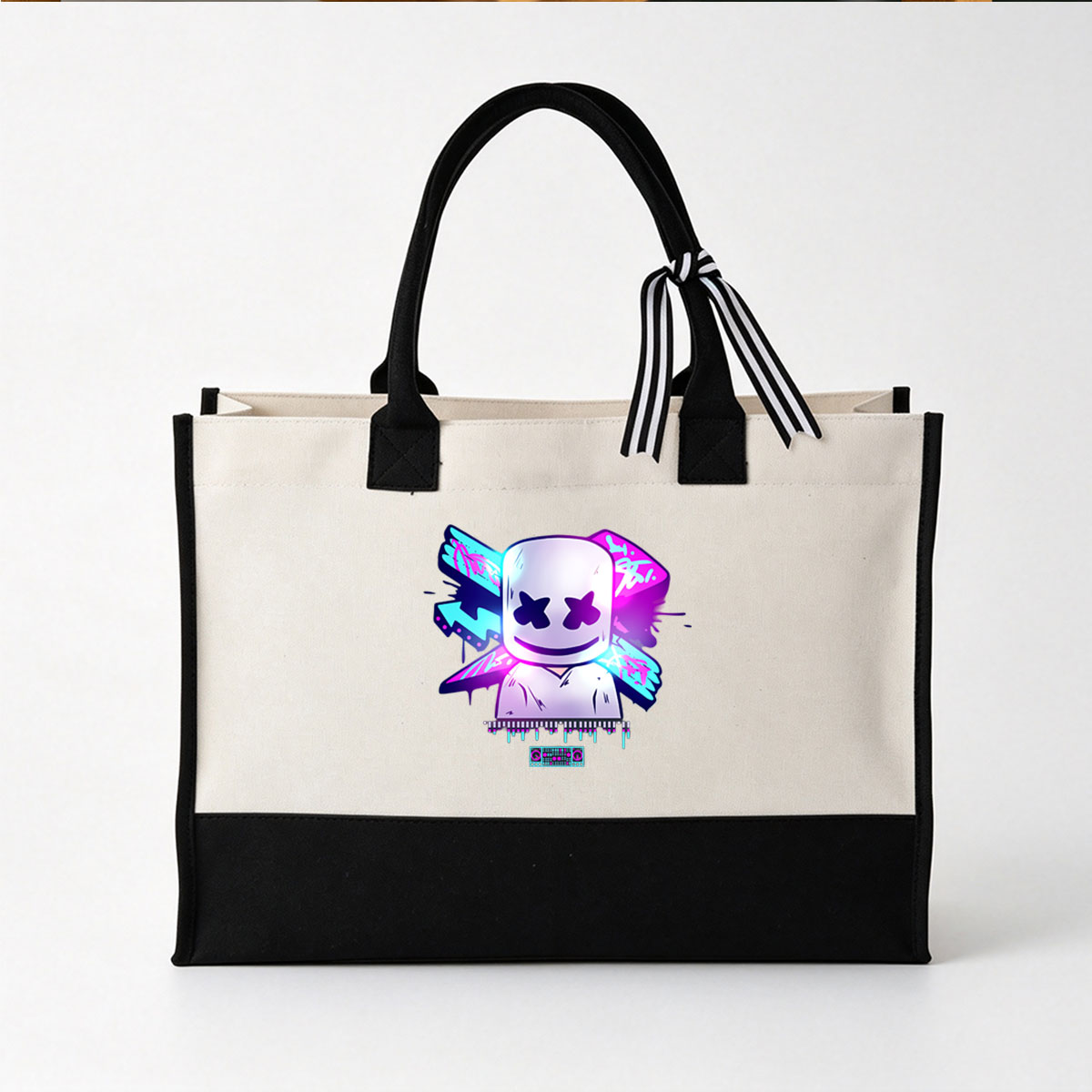Marshmello DJ Character with Neon Wings and Music Equipment - Canvas patchwork gift tote bag