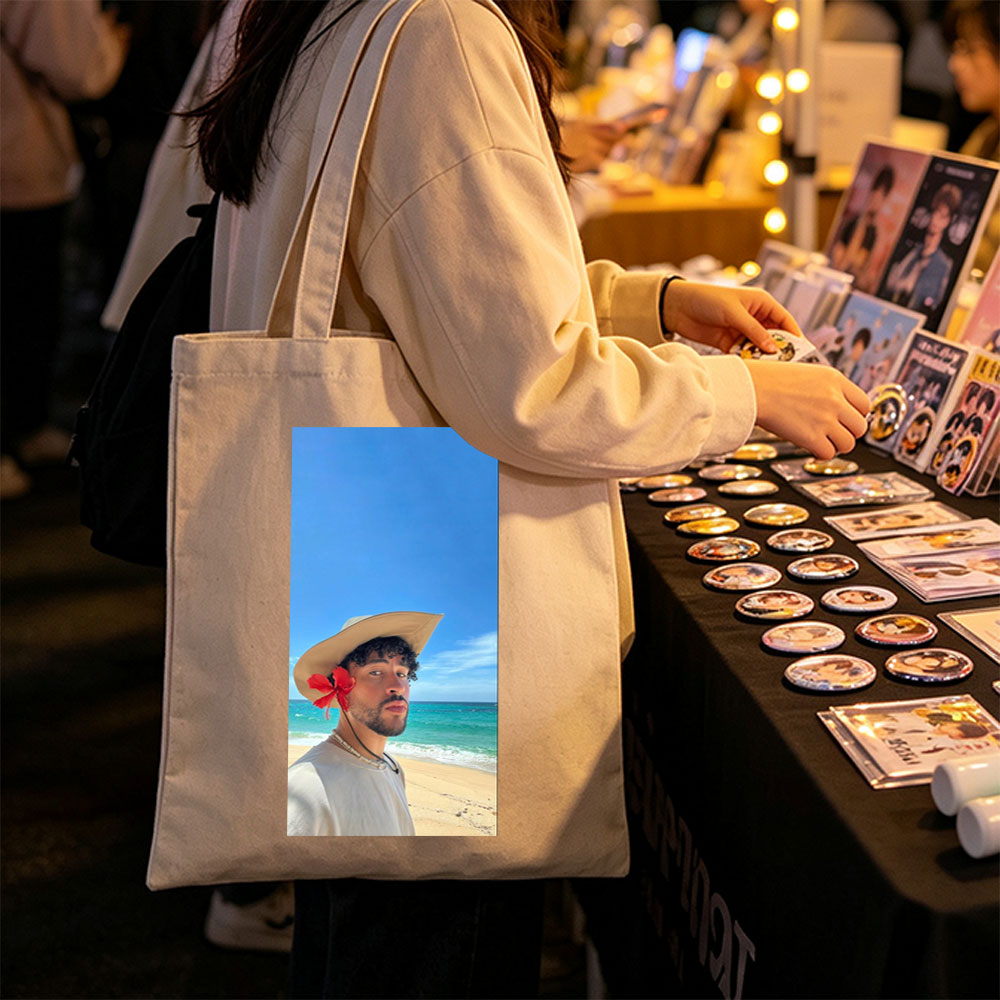 Bad Bunny on the Beach Wearing a Straw Hat with Red Flower and Beaded Necklace - Canvas tote bags