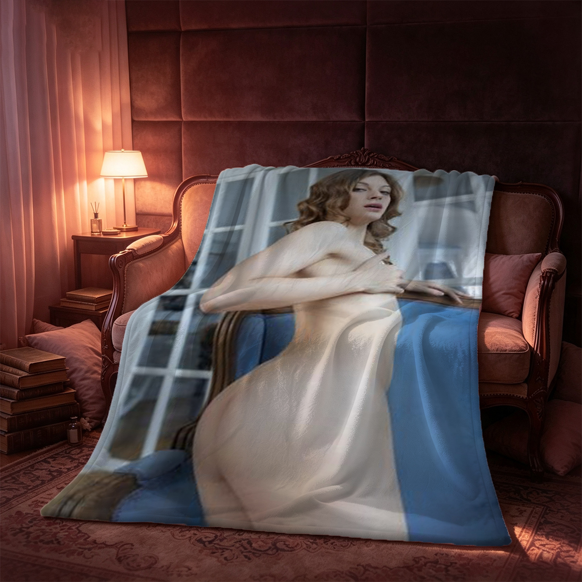Nude woman in pulled-down denim shorts from behind. - Blanket