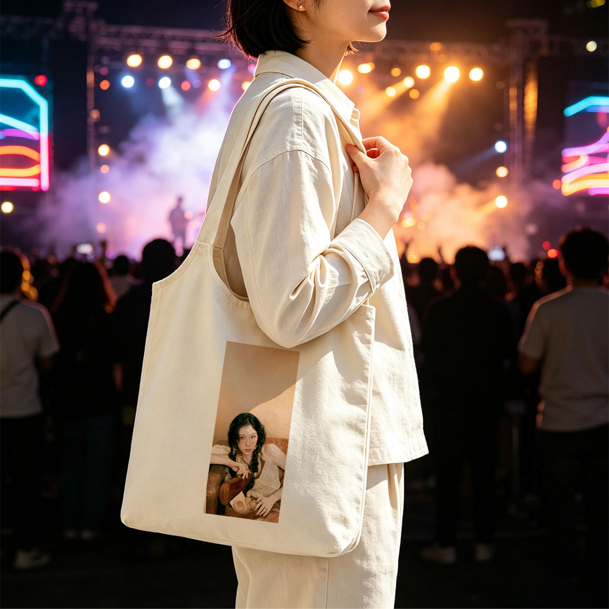Kim Jisoo Relaxing on Couch with Vintage Accessories in Soft Lighting - Canvas shoulder bags/