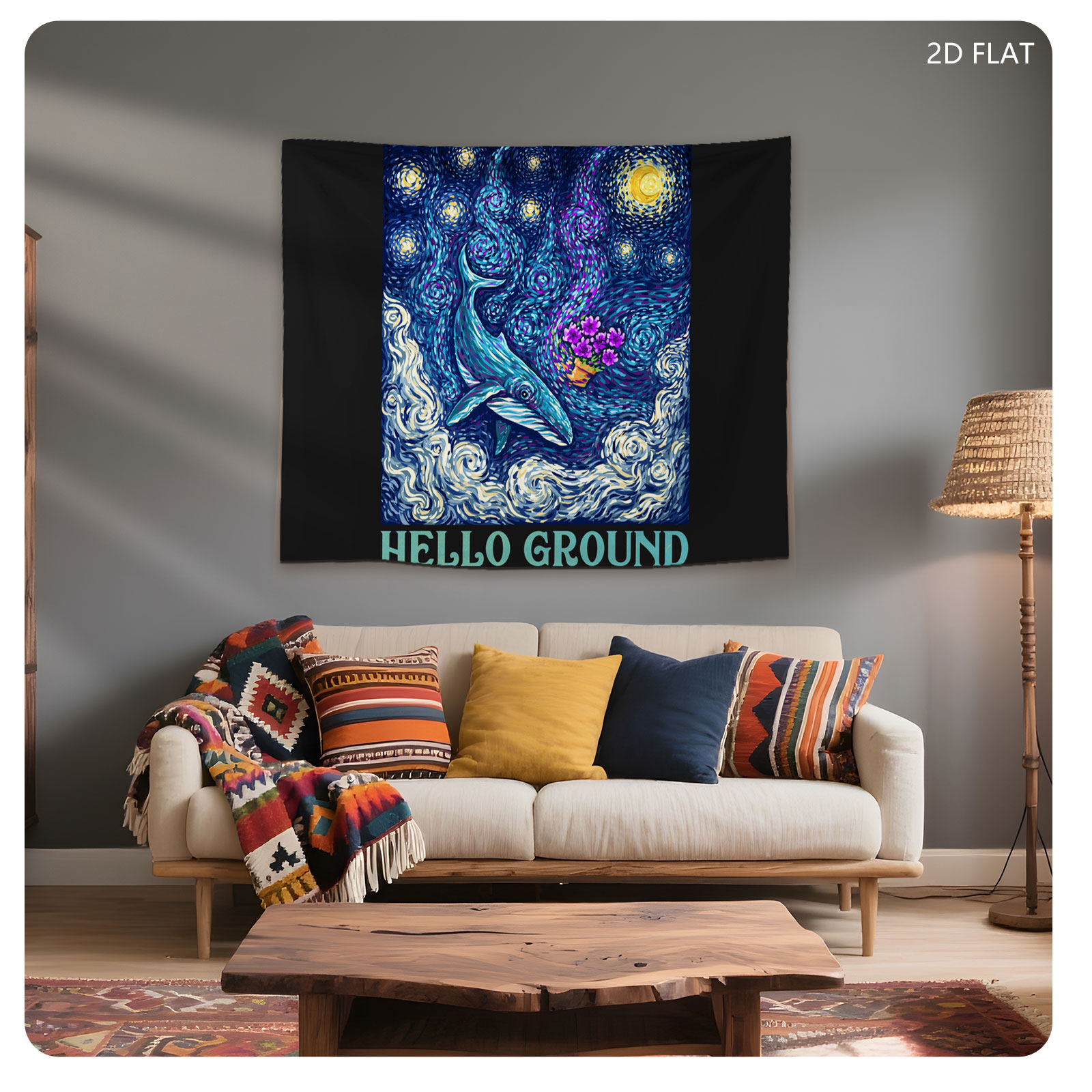 Whale in Starry Night Sky with Purple Flowers and 
