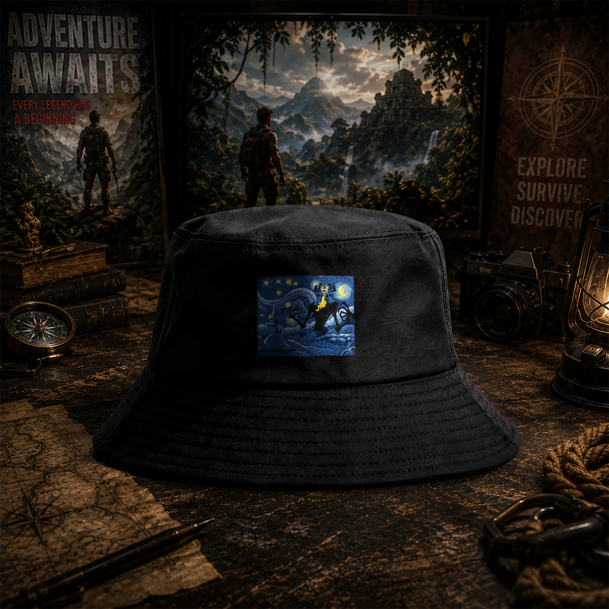 Samurai and Spider Demon in Starry Night - Fisherman's Hat