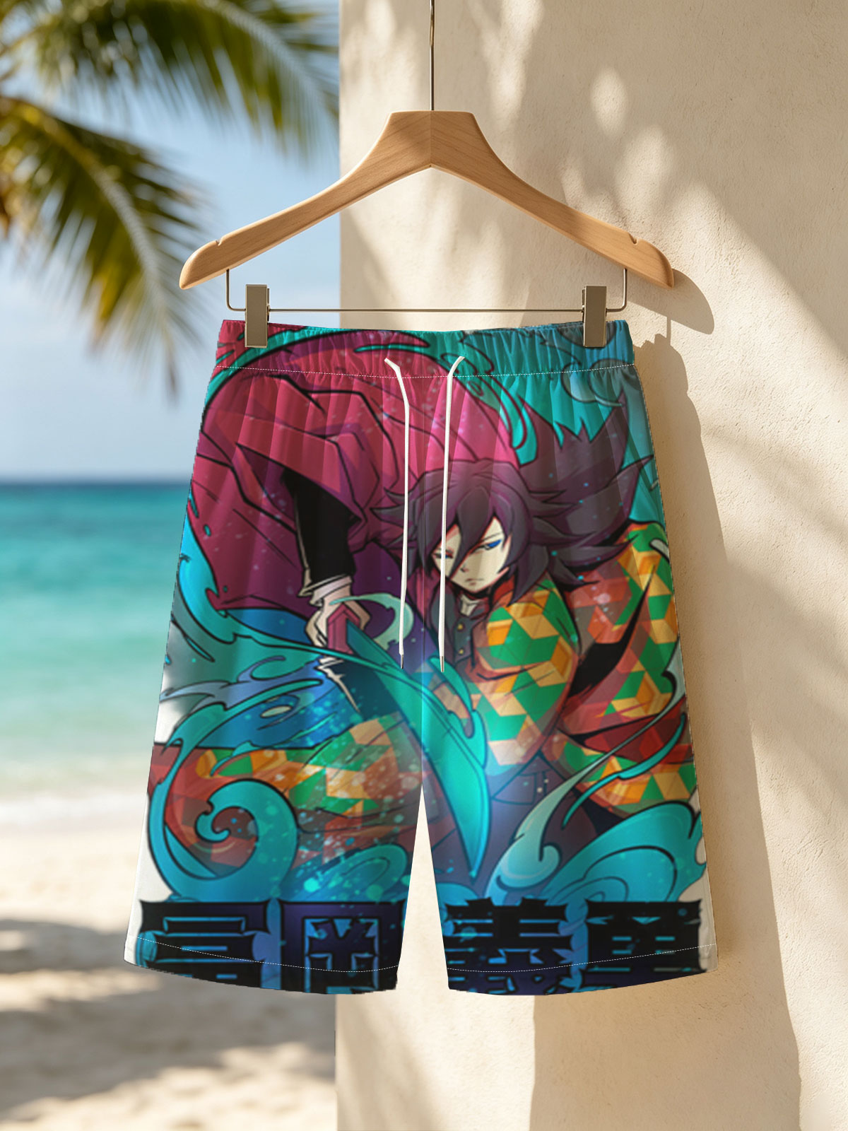 Yoshino from Demon Slayer: Kimetsu no Yaiba, wielding a sword with vibrant, swirling energy around him -  Beach shorts