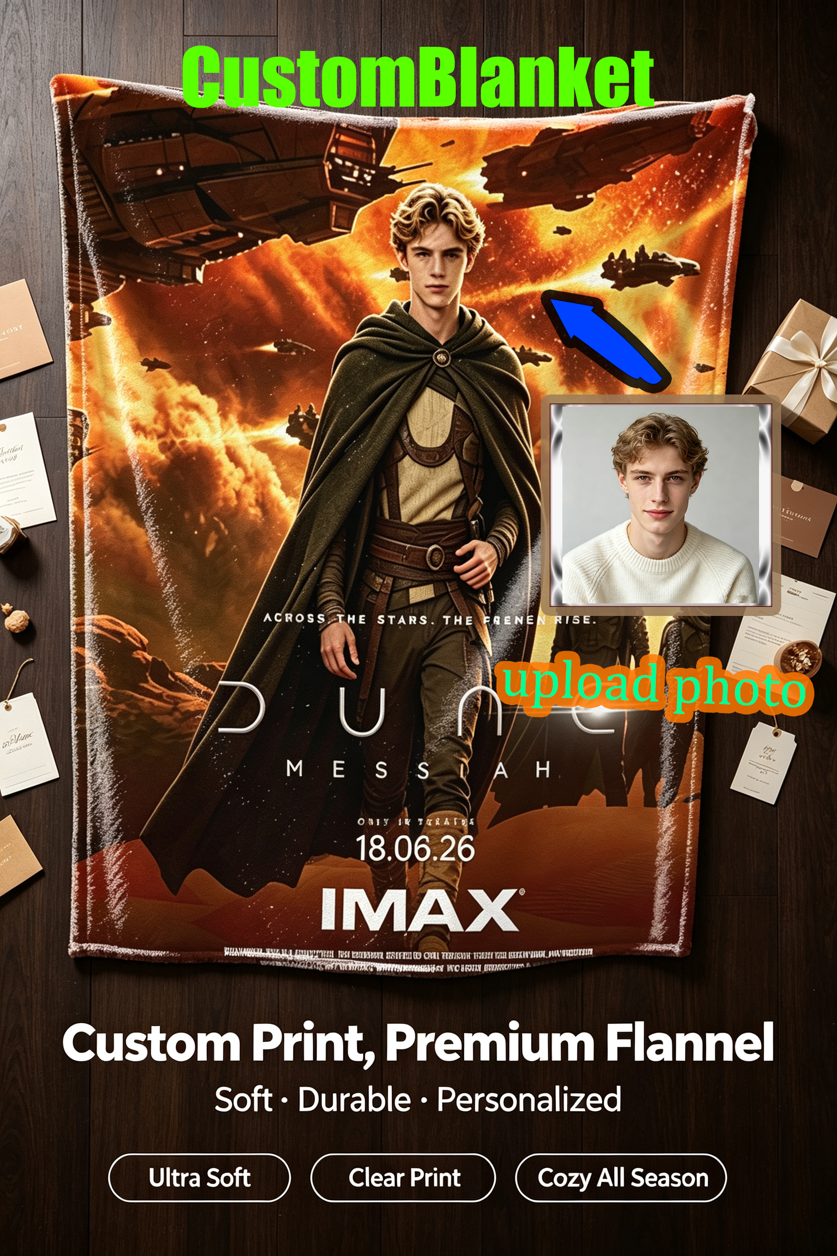 Custom Face Blanket Dune Messiah Flannel Blanket for Movie Fans Cozy Home Decor Gift or Giveaway
