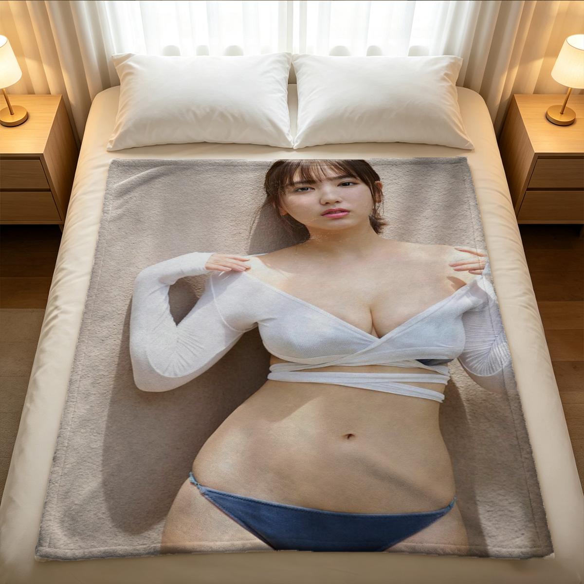 Woman in white vest and black pantyhose crouching by window. - Blanket