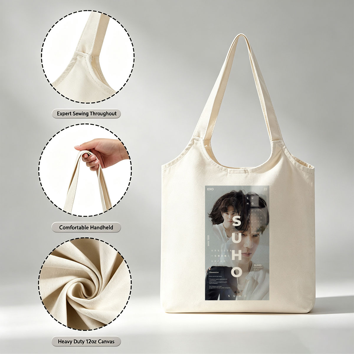 EXO Suho in a Minimalist Portrait with Overlaid Text and Soft Lighting - Canvas shoulder bags/
