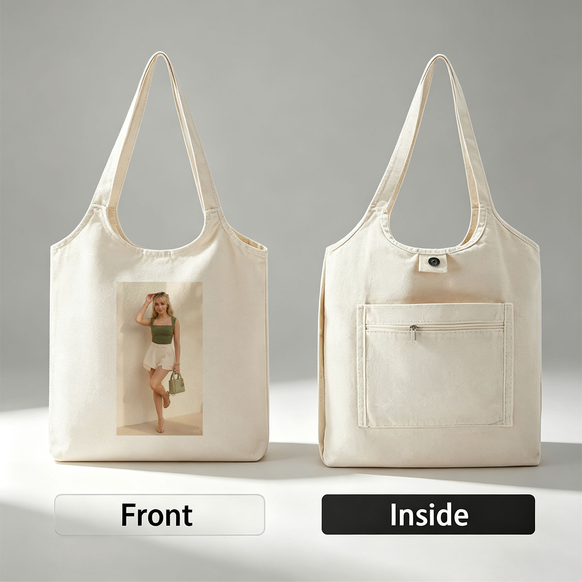Sabrina Carpenter in a stylish summer outfit featuring a green ruched top and white shorts, accessorized with a matching handbag and gold heels. - Canvas shoulder bags/