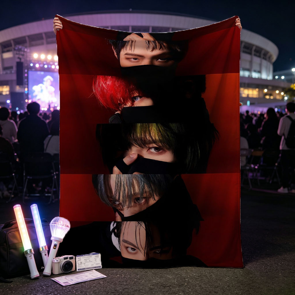 ATEEZ Dark Red Background Vertical Portrait Collage with Members' Eyes and Hair Details - Blankets