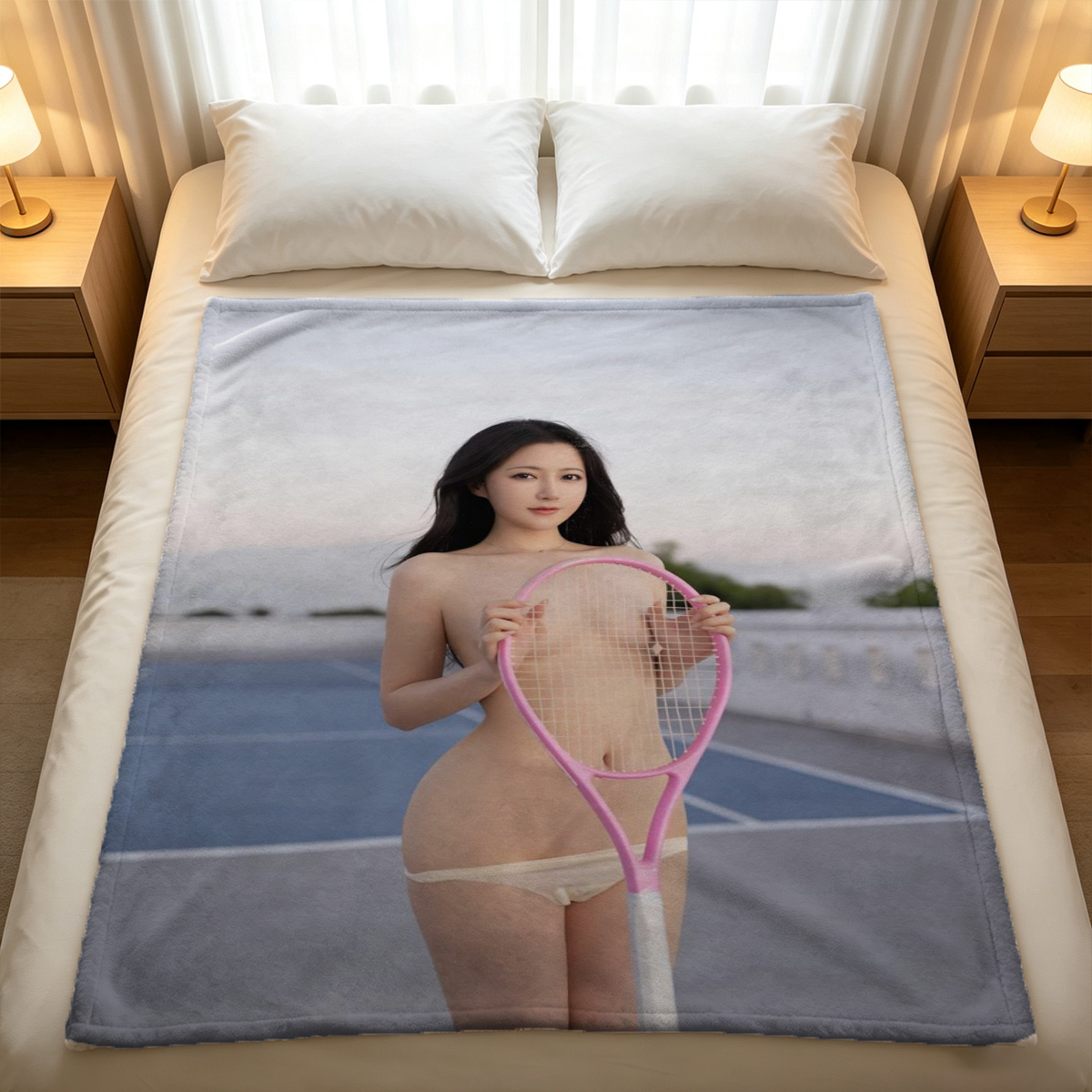 Nude Japanese Woman Sitting on Floor - Blanket